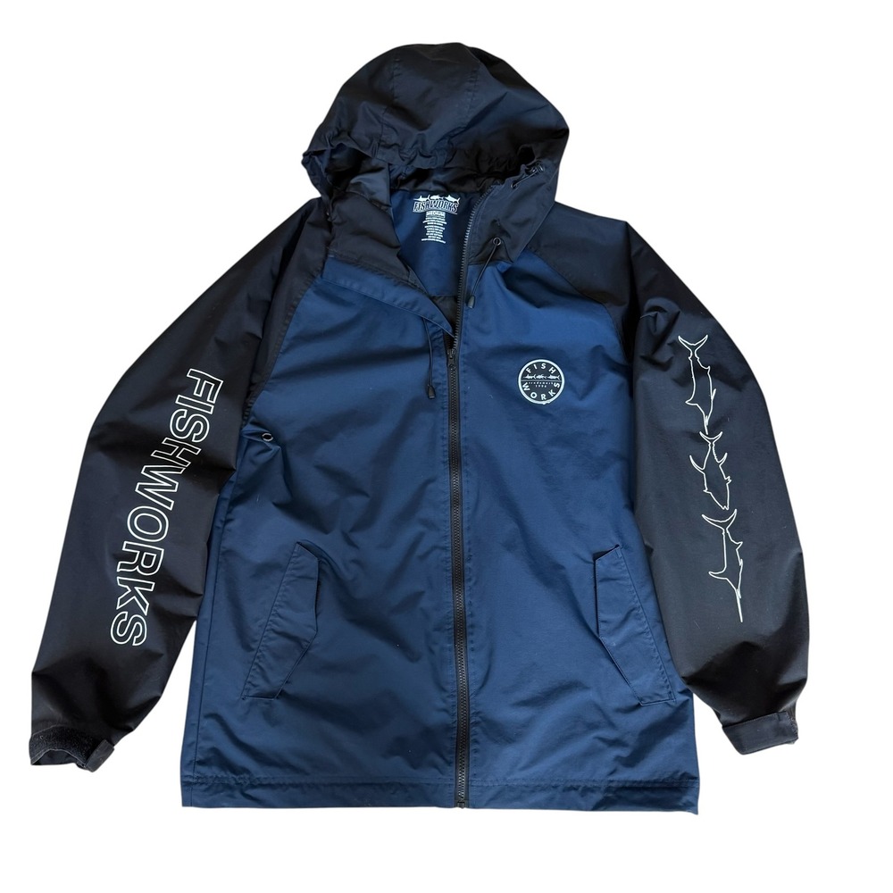 Fishworks Mens Hooded Windbreaker Jacket Navy Blue Black Tuna Graphic Size M